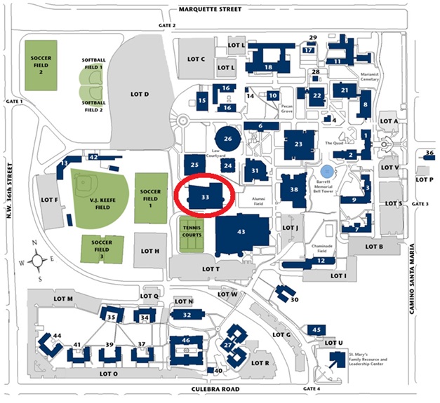 Map of the St. Mary's University campus with the law library circled in red.  See written directions for the location on campus.  The law library is towards the center of campus, almost dead center, and is located in the law school complex.